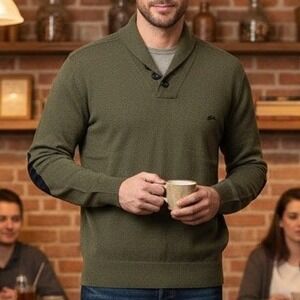 A. Tiziano XL $148 Olive Green Cotton Shawl Collar Sweater Navy Elbow Patches‎